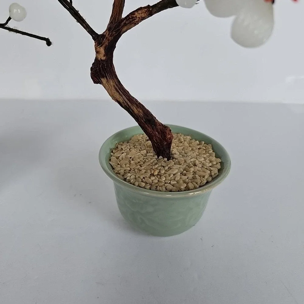 Vintage Chinese Glass Bonsai Tree Pair White Plum Blossom Celadon‎ Pot Decor